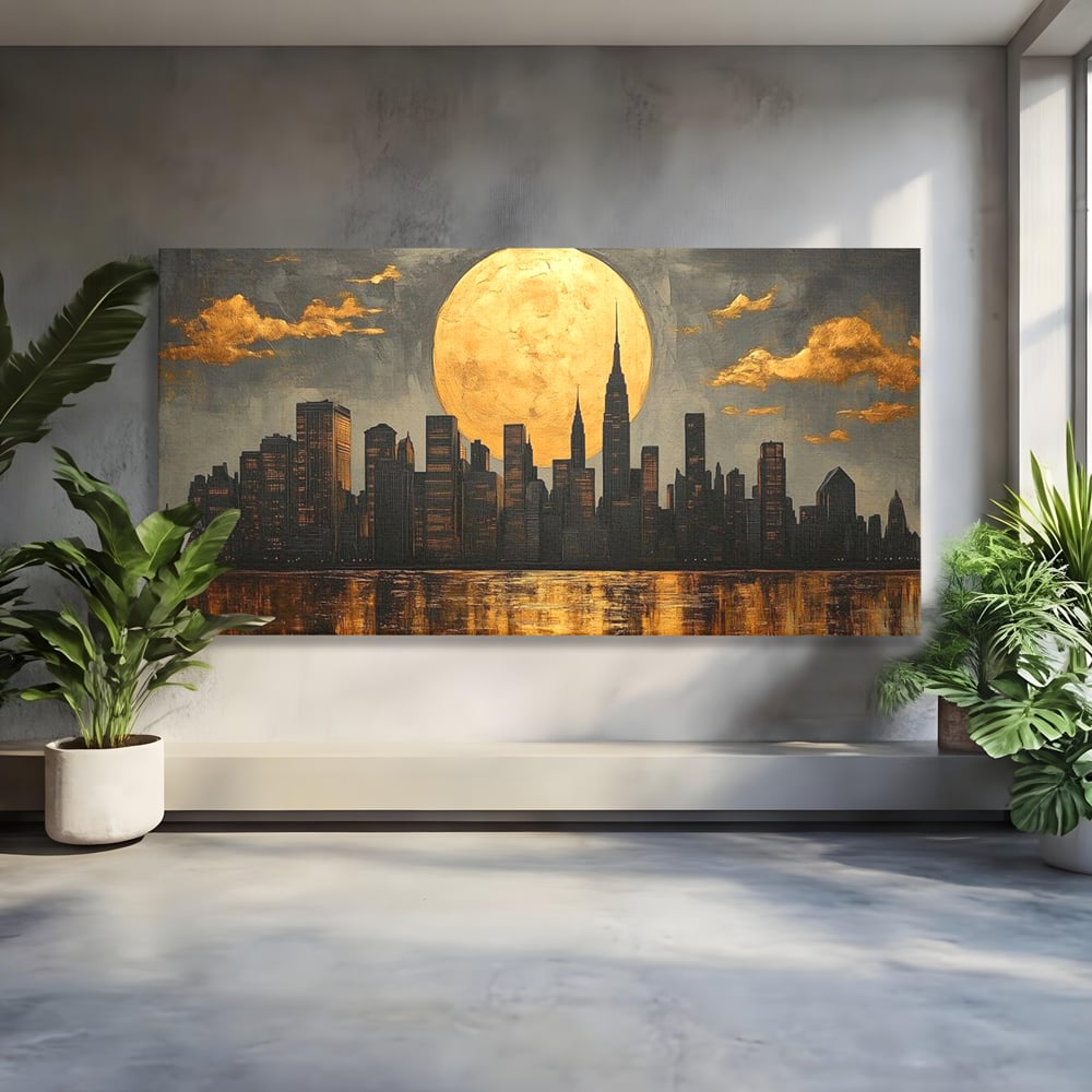 Tablou canvas cu pictura orizontala cu metropola si luna aurie, fara rama, pe sasiu de lemn